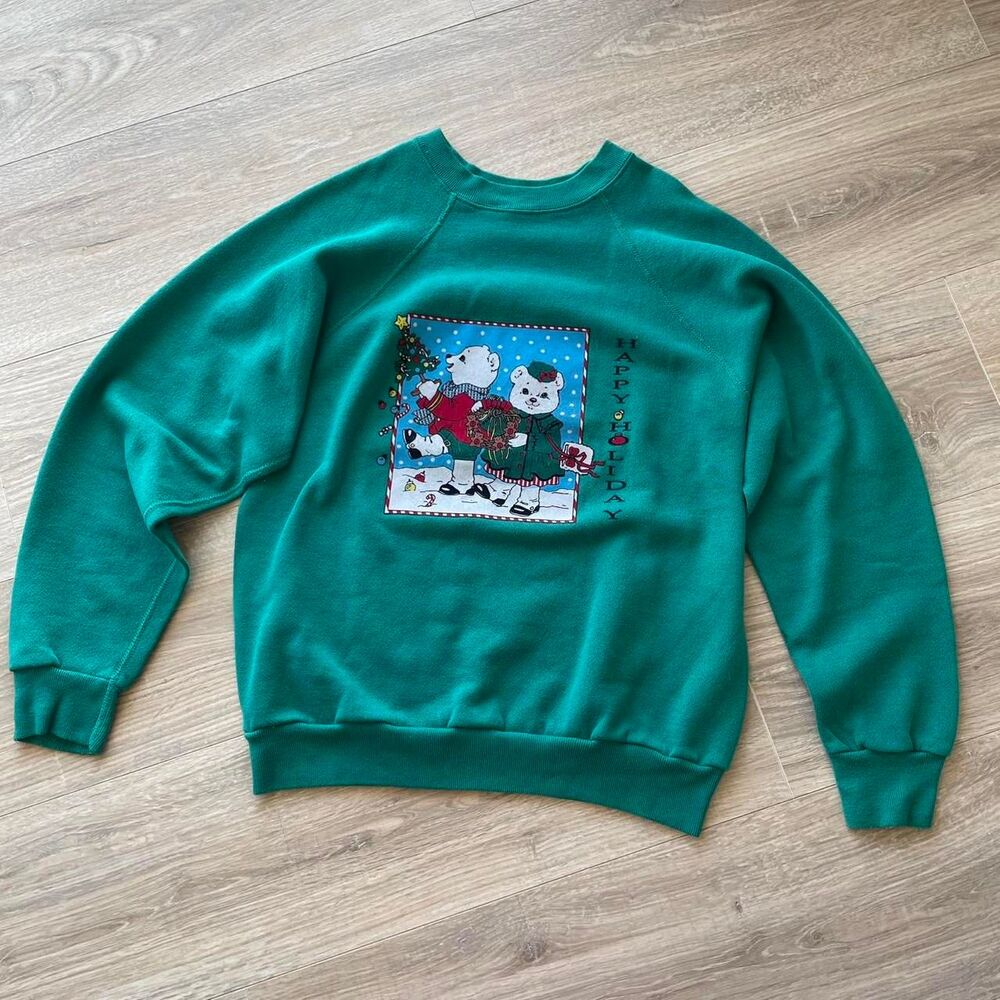 Vintage Happy Holiday Bear Sweatshirt Women's Medium Retro Grandma Cottage 80's